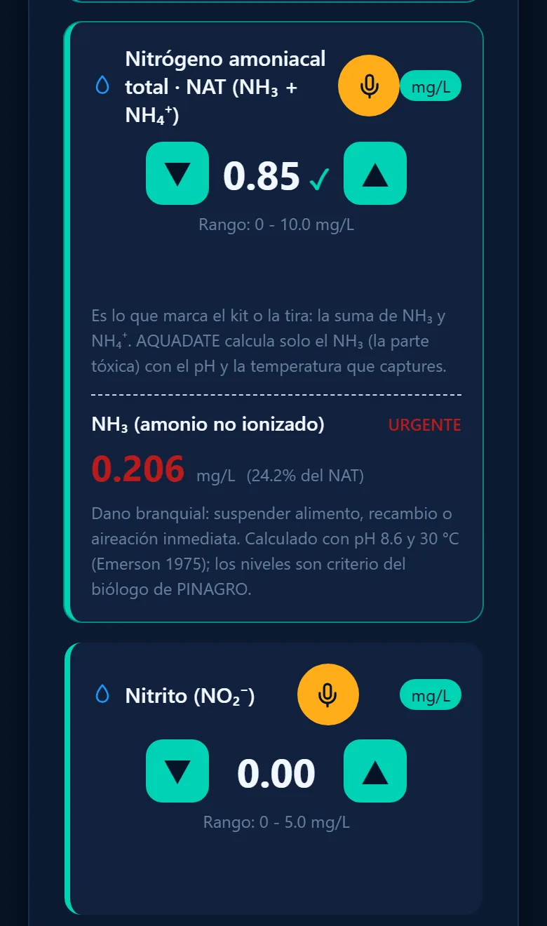Captura en el celular: al anotar el NAT, el pH y la temperatura, AQUADATE calcula el amonio no ionizado y dice qué hacer